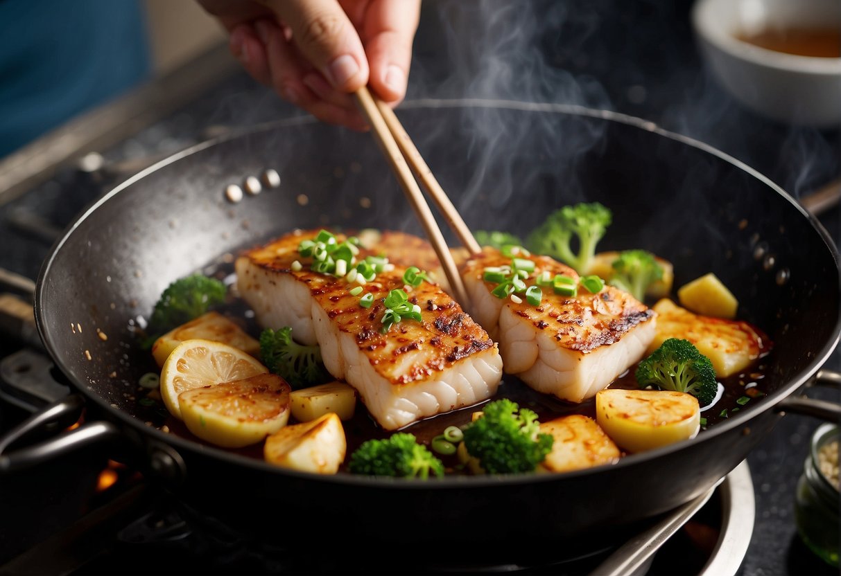 A sizzling wok tosses marinated cod with ginger, garlic, and soy sauce. Steam rises as the fish cooks to perfection