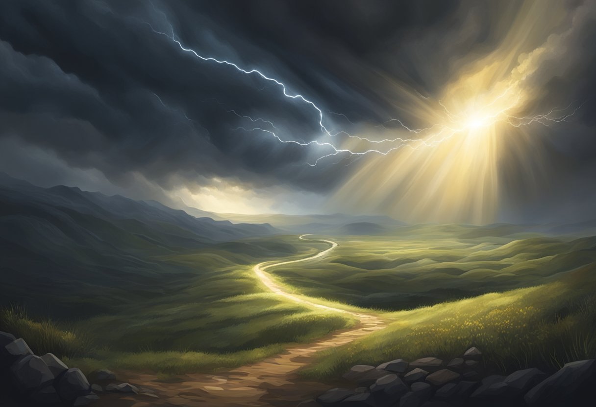 A beam of light breaks through storm clouds, illuminating a path through a dark and turbulent landscape