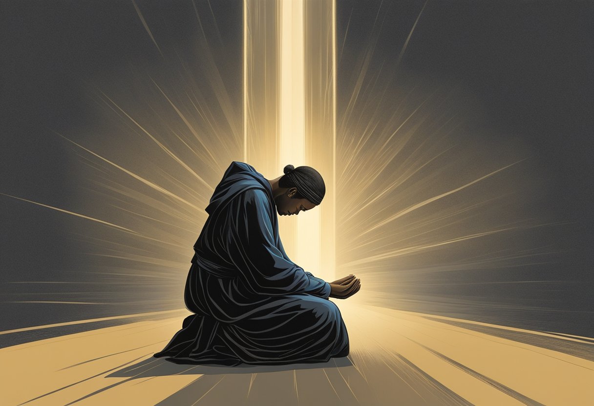 A figure kneels in a beam of light, surrounded by darkness. Their head is bowed, hands clasped in prayer. The atmosphere is heavy with anticipation, as if awaiting a response from a higher power