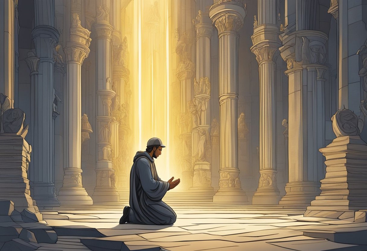 A figure kneels in prayer, surrounded by towering obstacles. A radiant light shines down, symbolizing divine intervention and faith overcoming challenges