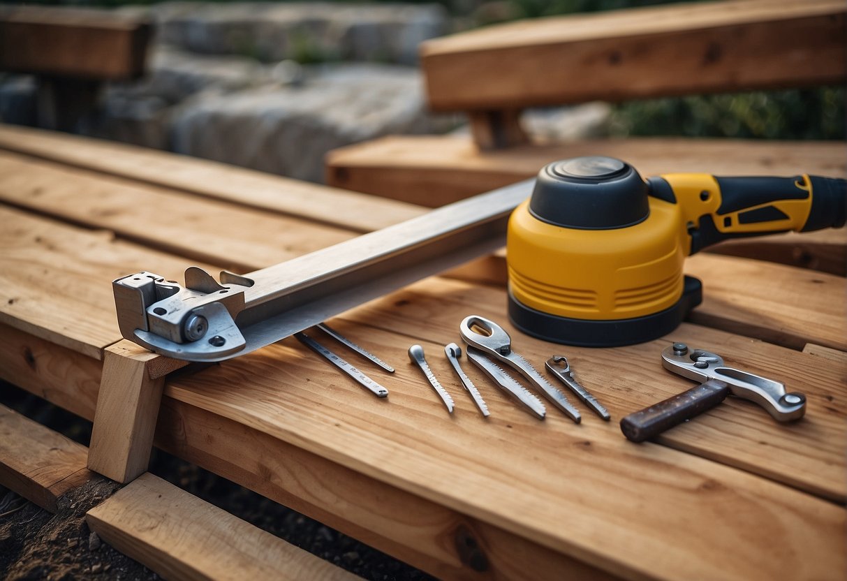 A sturdy wooden staircase being constructed outdoors, with a hammer, nails, saw, and measuring tape laid out nearby