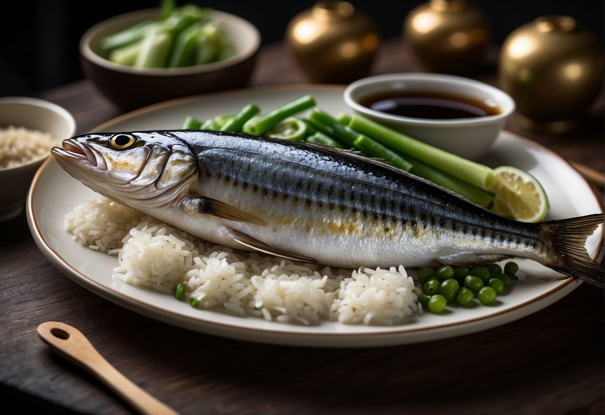 A whole Chinese mackerel lies on a bed of sliced ginger and scallions, surrounded by soy sauce, rice wine, and sesame oil