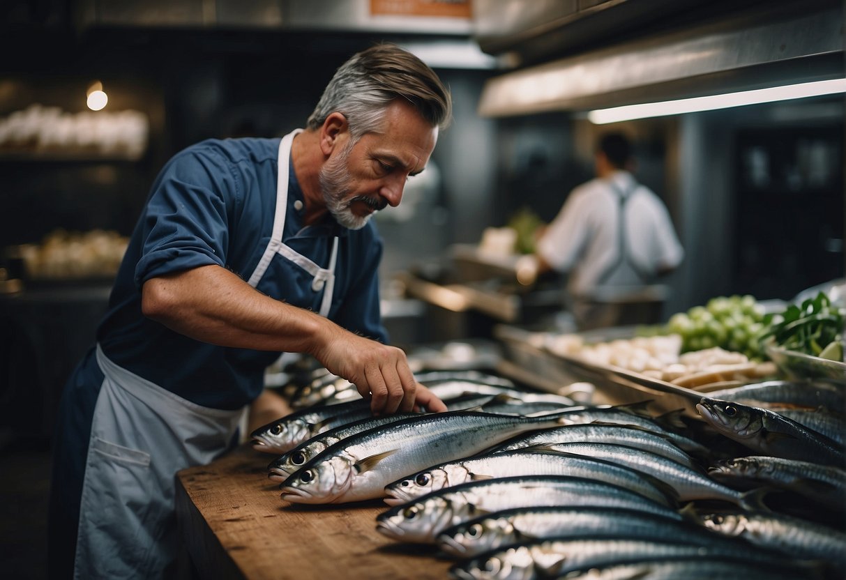 A chef carefully selects fresh mackerel from a market display, inspecting each fish with a critical eye