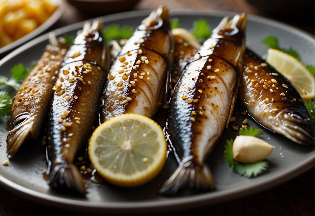Chinese mackerel being marinated in soy sauce, ginger, and garlic, then grilled over charcoal with a glaze of honey and sesame seeds