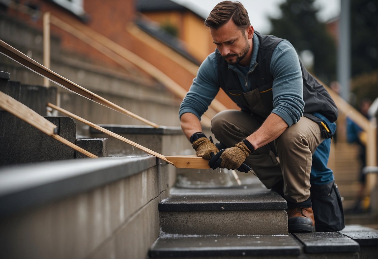 A person applies weatherproofing to outdoor stairs, finishing the construction