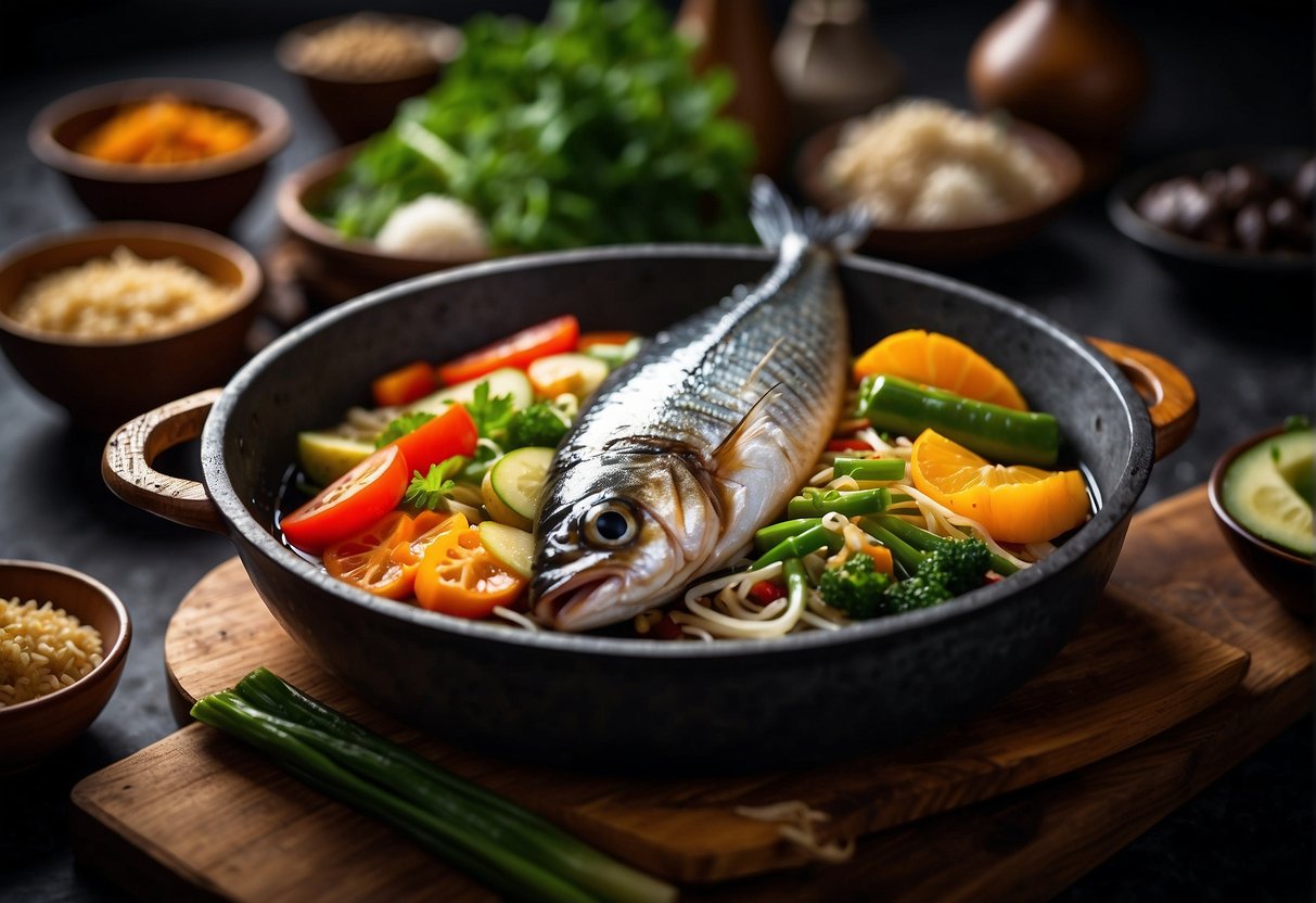 A whole Chinese mackerel sizzling in a hot wok with ginger, garlic, and soy sauce, surrounded by colorful vegetables and aromatic herbs
