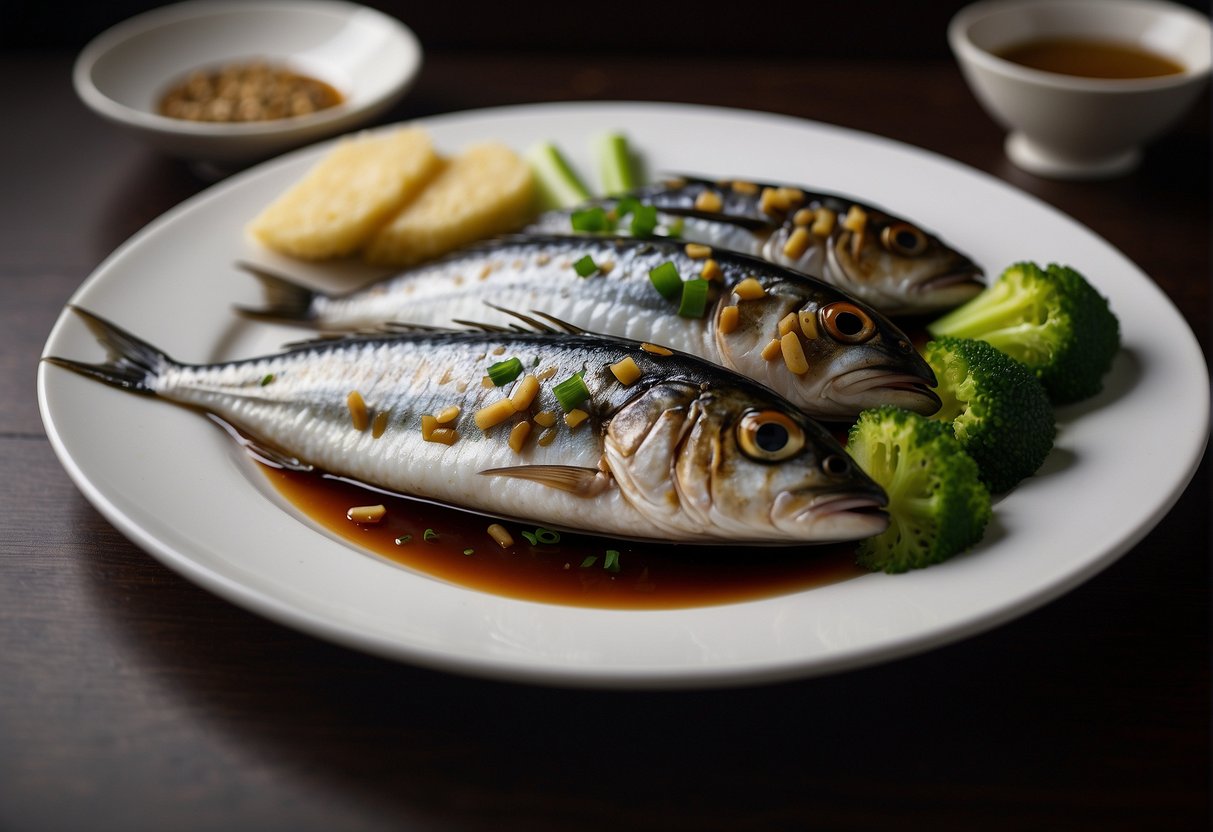 A whole Chinese mackerel, garnished with ginger, scallions, and soy sauce, is elegantly arranged on a platter with a side of steamed vegetables