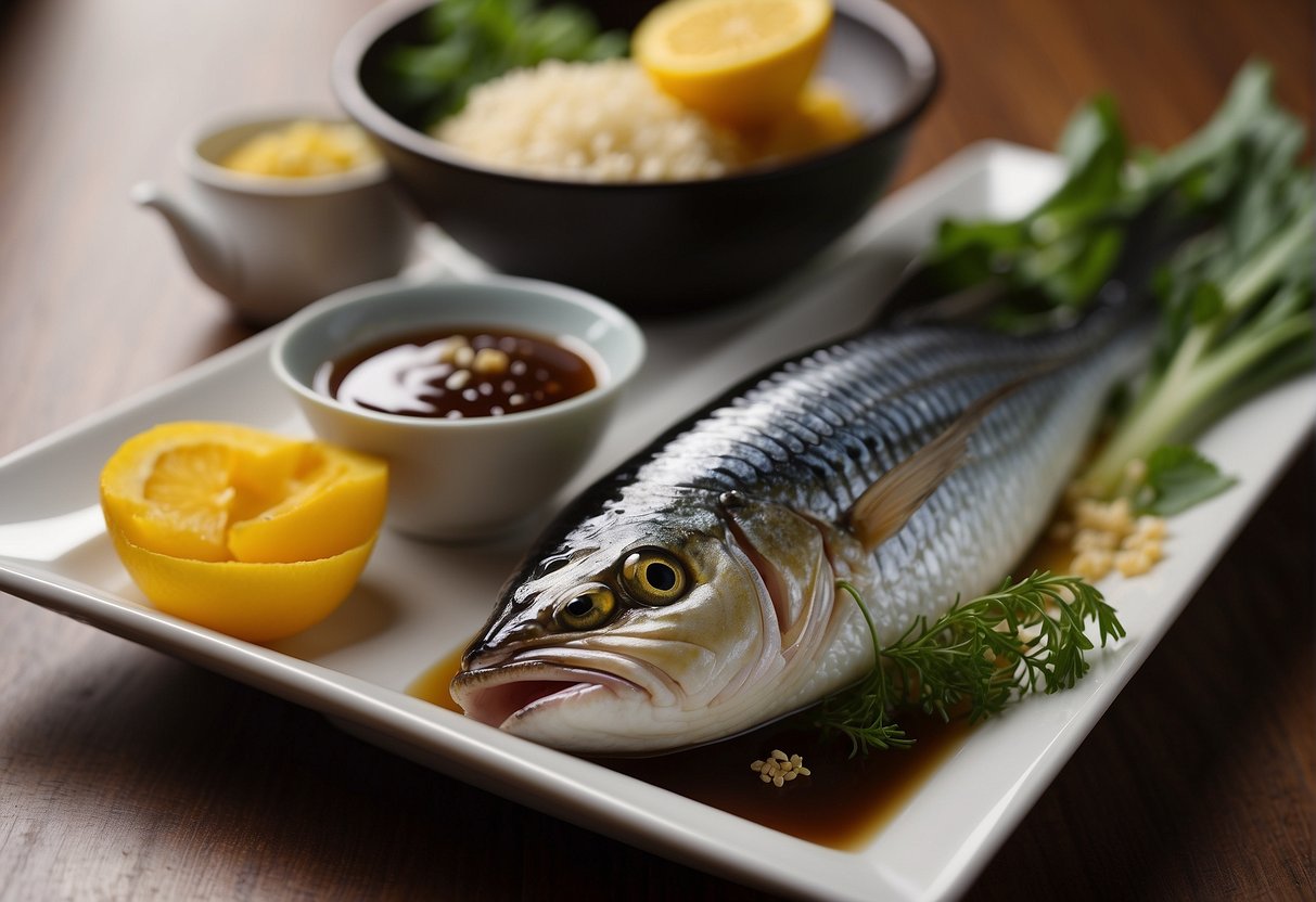 A table set with ingredients like ginger, soy sauce, and mackerel. A recipe book open to the "Chinese Mackerel" page