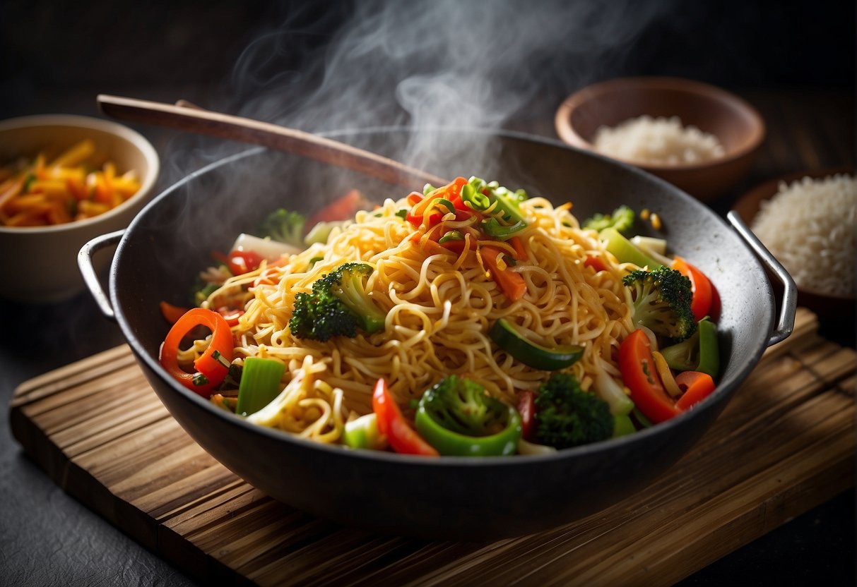 A steaming wok sizzles with stir-fried vegetables and Chinese spices, as a packet of Maggi noodles is added to the mix