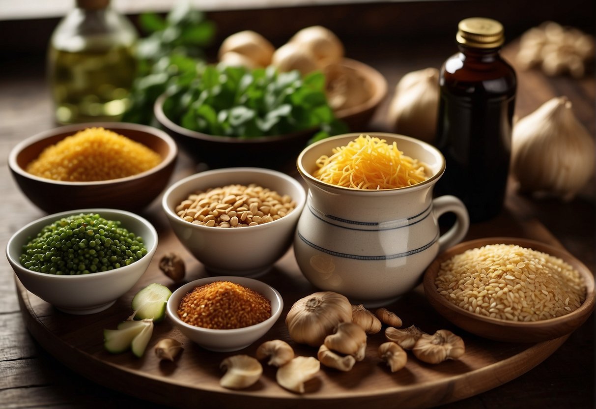 A table with Chinese ingredients: soy sauce, ginger, garlic, and Maggi seasoning. Substitution options for each ingredient listed alongside