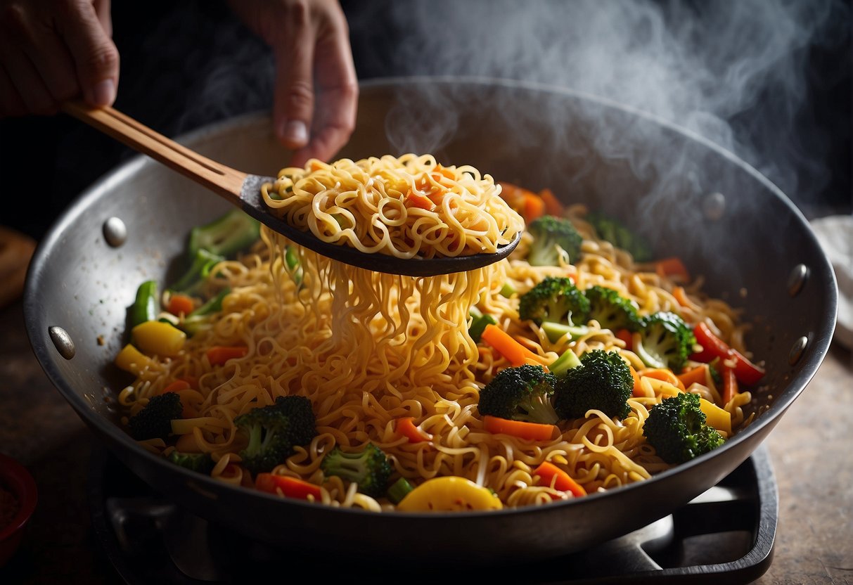 A hand stirring a wok filled with sizzling Maggi noodles, vegetables, and spices, creating a cloud of aromatic steam