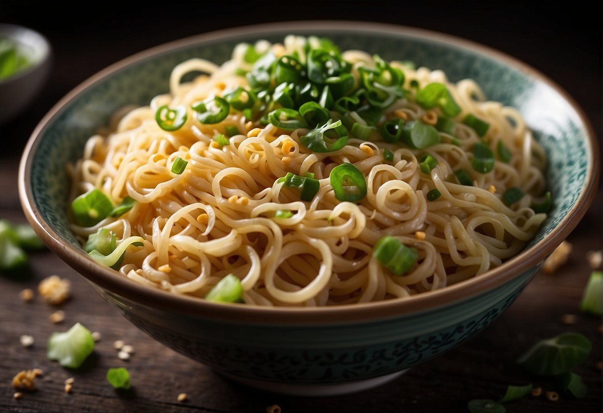 A steaming bowl of Chinese Maggi noodles is being garnished with fresh green onions and a sprinkle of sesame seeds