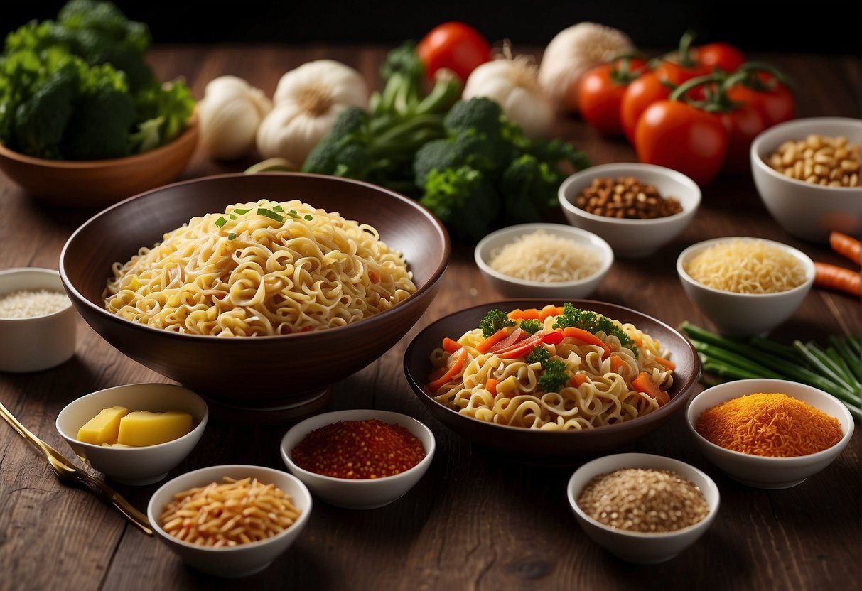 A table with ingredients: noodles, vegetables, soy sauce, and seasonings. A packet of Chinese Maggi noodles with nutritional information displayed