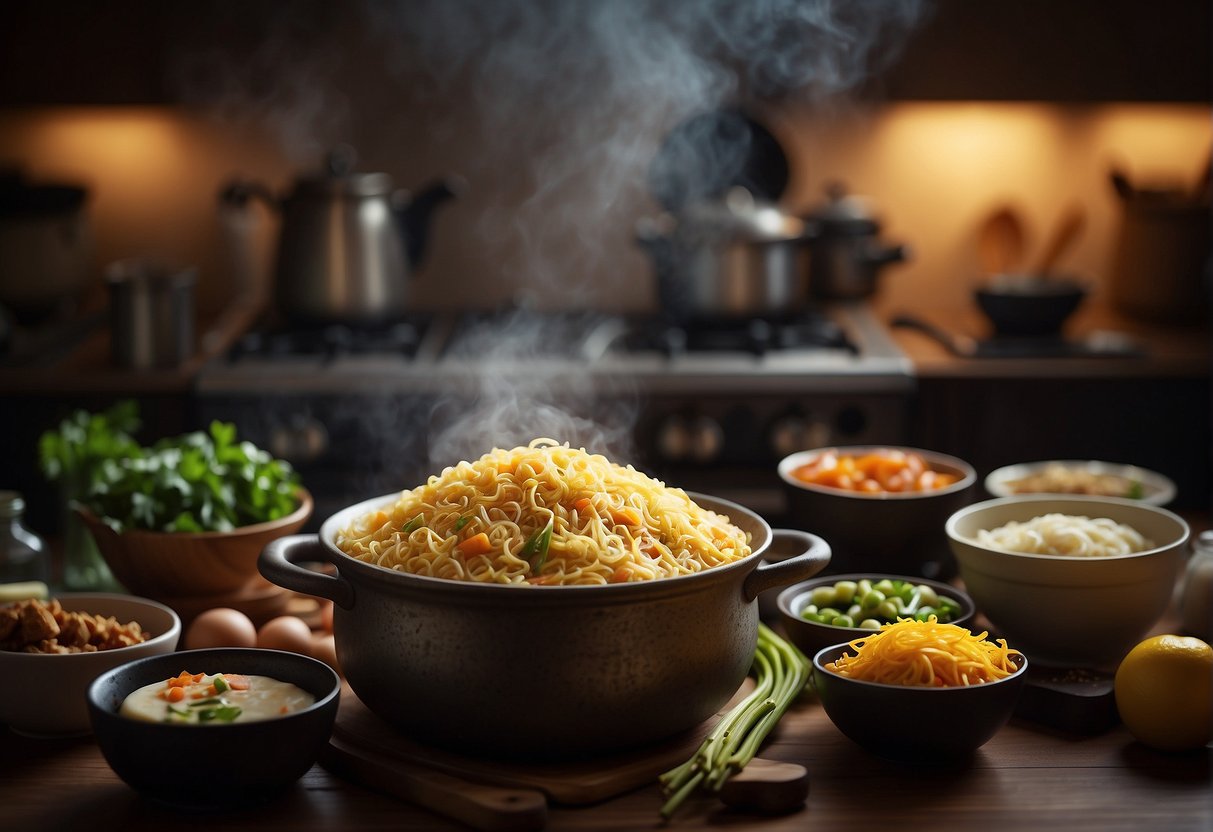 A steaming pot of Chinese Maggi noodles surrounded by various ingredients and cooking utensils on a kitchen counter