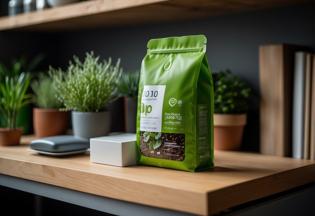 A bag of 20 10 10 fertilizer sits on a wooden shelf, with a bright green label and a picture of healthy plants