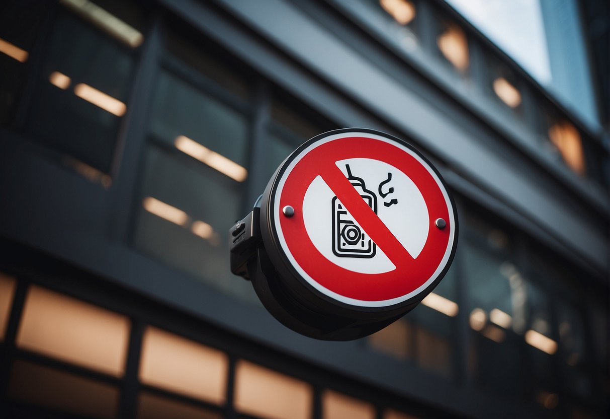 A sign on a public building with a red circle and line through a vaping device
