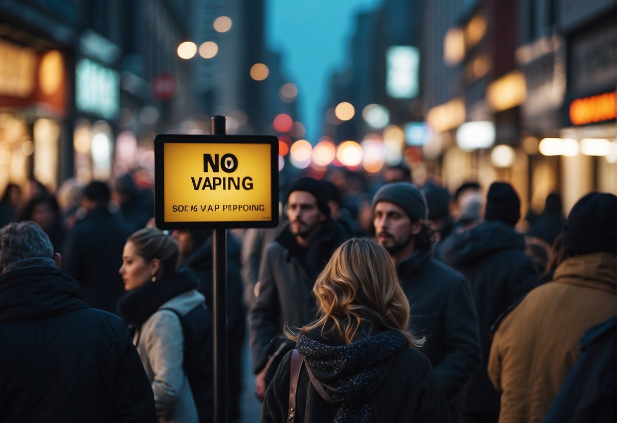 A crowded city street with a "No Vaping" sign displayed prominently. People walk by, some looking surprised or disappointed