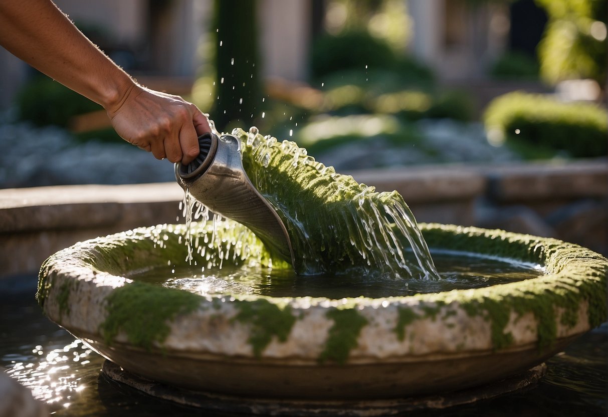 Water flowing from outdoor fountain, splashing against stone basin, with person using brush to scrub away algae and debris