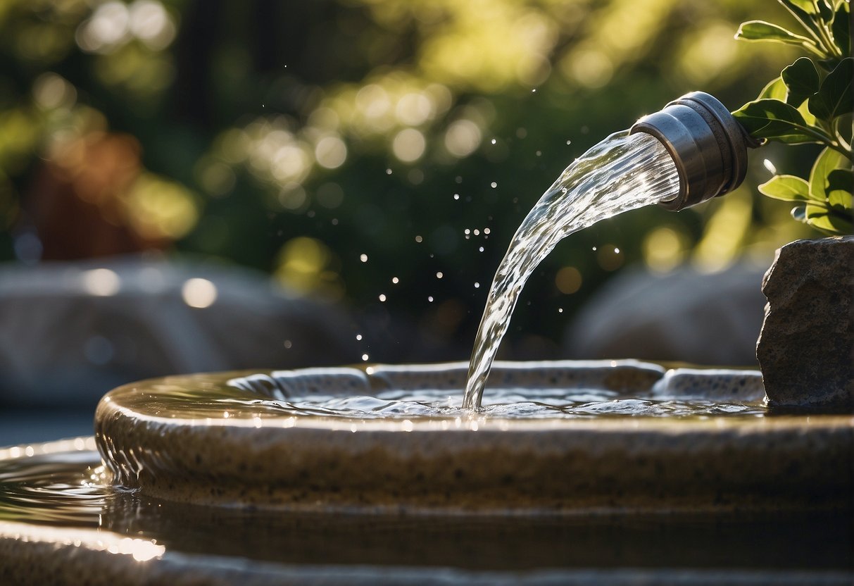 Water pours from a hose into a stone fountain, splashing and creating ripples as it fills up. Leaves and debris are cleared away from the edges, and the water sparkles in the sunlight