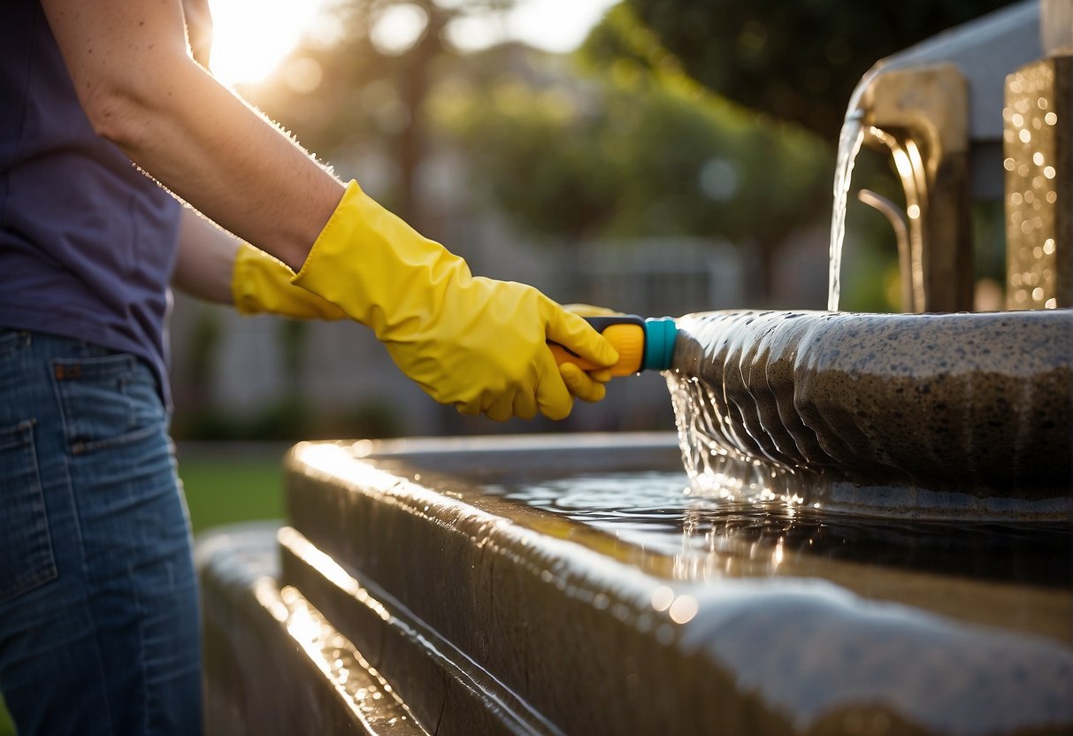 A person is using a long-handled brush to scrub the inside of an outdoor fountain. They are wearing rubber gloves and using a cleaning solution to maintain water clarity and quality