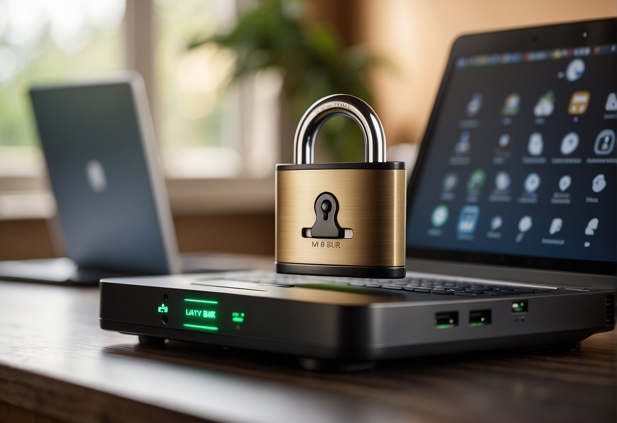 A home with a secure padlock symbol hovering over a wireless router, surrounded by a shield and lock icons, with a laptop and smartphone connected