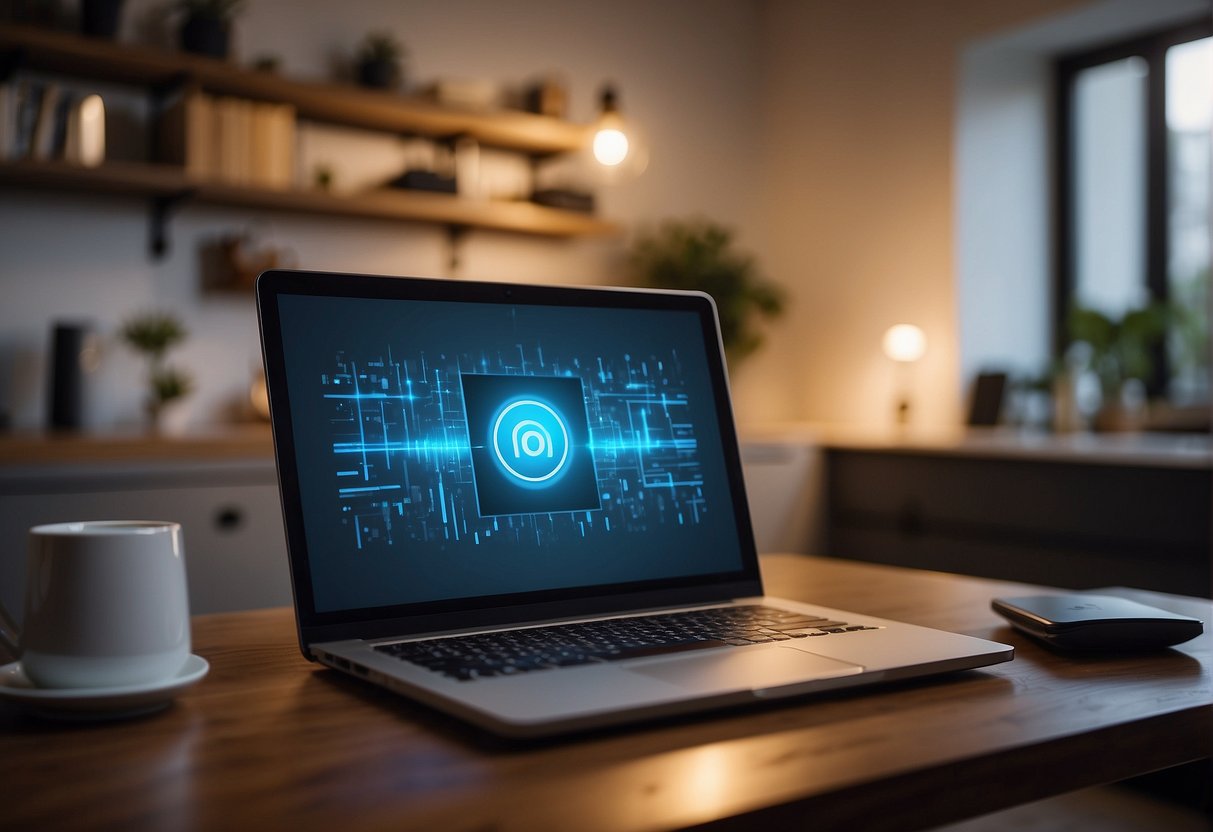 A home with a secure Wi-Fi network, a locked front door, and a laptop on a desk for teleworking. Security measures include a firewall, strong passwords, and encryption