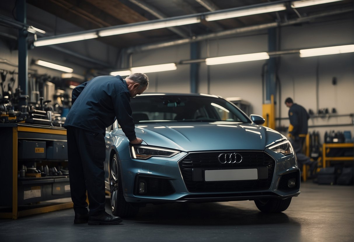 A car's suspension system being inspected by a mechanic in a workshop, with various parts and tools scattered around