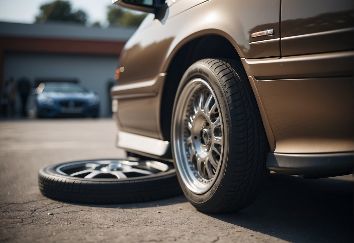 A car with a malfunctioning wheel, causing it to skid. A mechanic advises on the issue