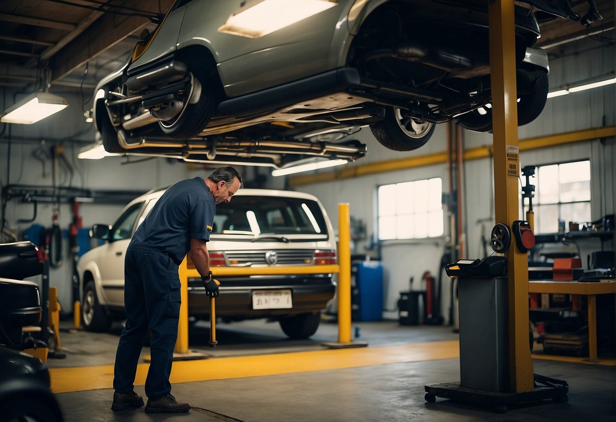 An auto mechanic inspects a car's suspension system in a garage. The sign reads "Suspension Maintenance and Inspection - What Does It Mean? Advice from the Auto Service."