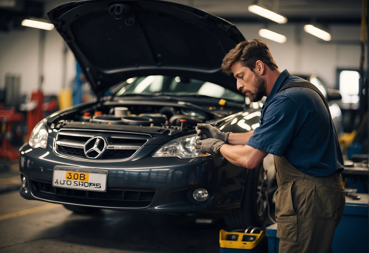 A mechanic repairs a car's suspension. A sign reads "What does a noisy suspension mean? The auto shop advises."