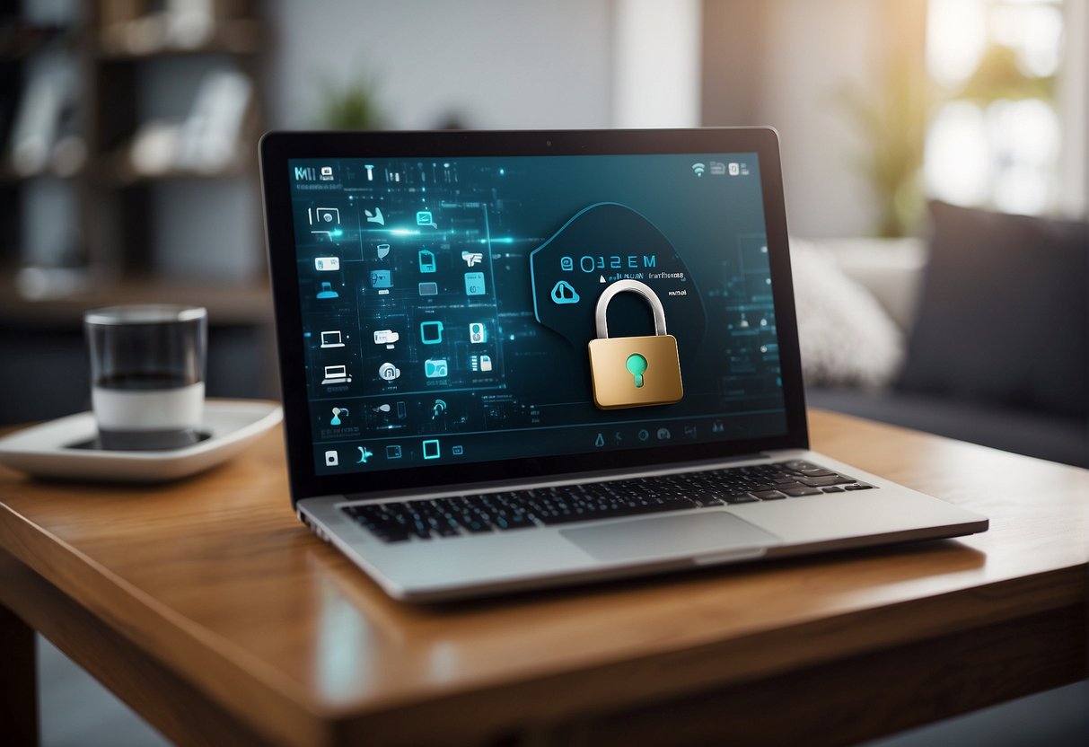 A secure lock icon on a home wifi router with a shield around it, surrounded by various electronic devices and a laptop with a secure connection symbol