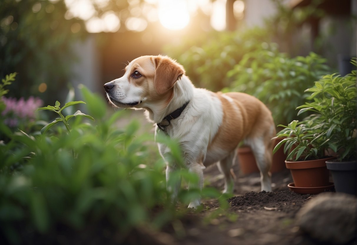 A dog urinates near a plant, with the plant appearing healthy and thriving