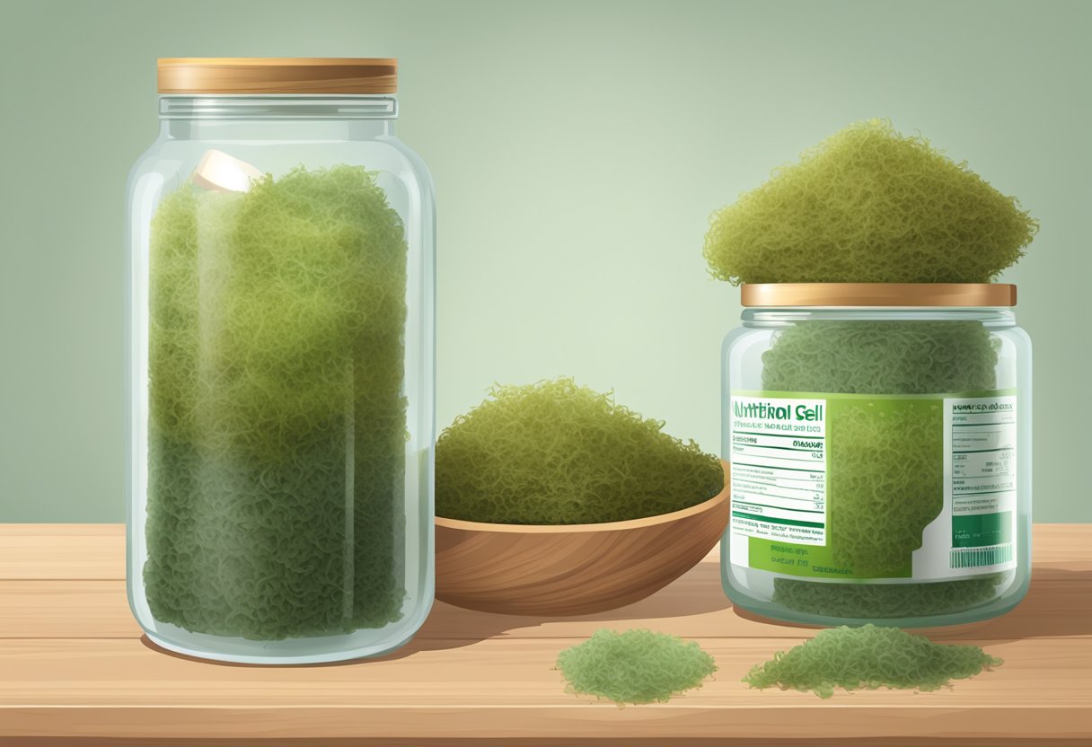 A clear glass jar filled with sea moss gel sits on a wooden table. A pile of dried sea moss and a nutrition label are placed next to the jar