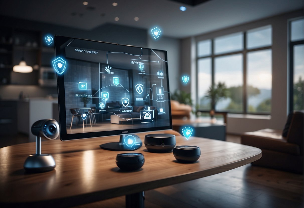 A home with a secure wireless network, surrounded by digital locks and security cameras, with a shield symbolizing protection