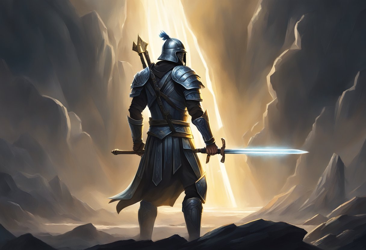 A warrior stands in a spiritual battleground, surrounded by dark, looming strongholds. Rays of light pierce through the darkness as the warrior raises a sword in prayer