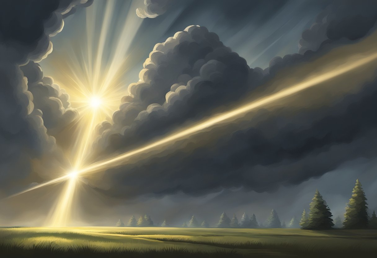A powerful beam of light pierces through a dark, ominous cloud, symbolizing the breaking of spiritual strongholds