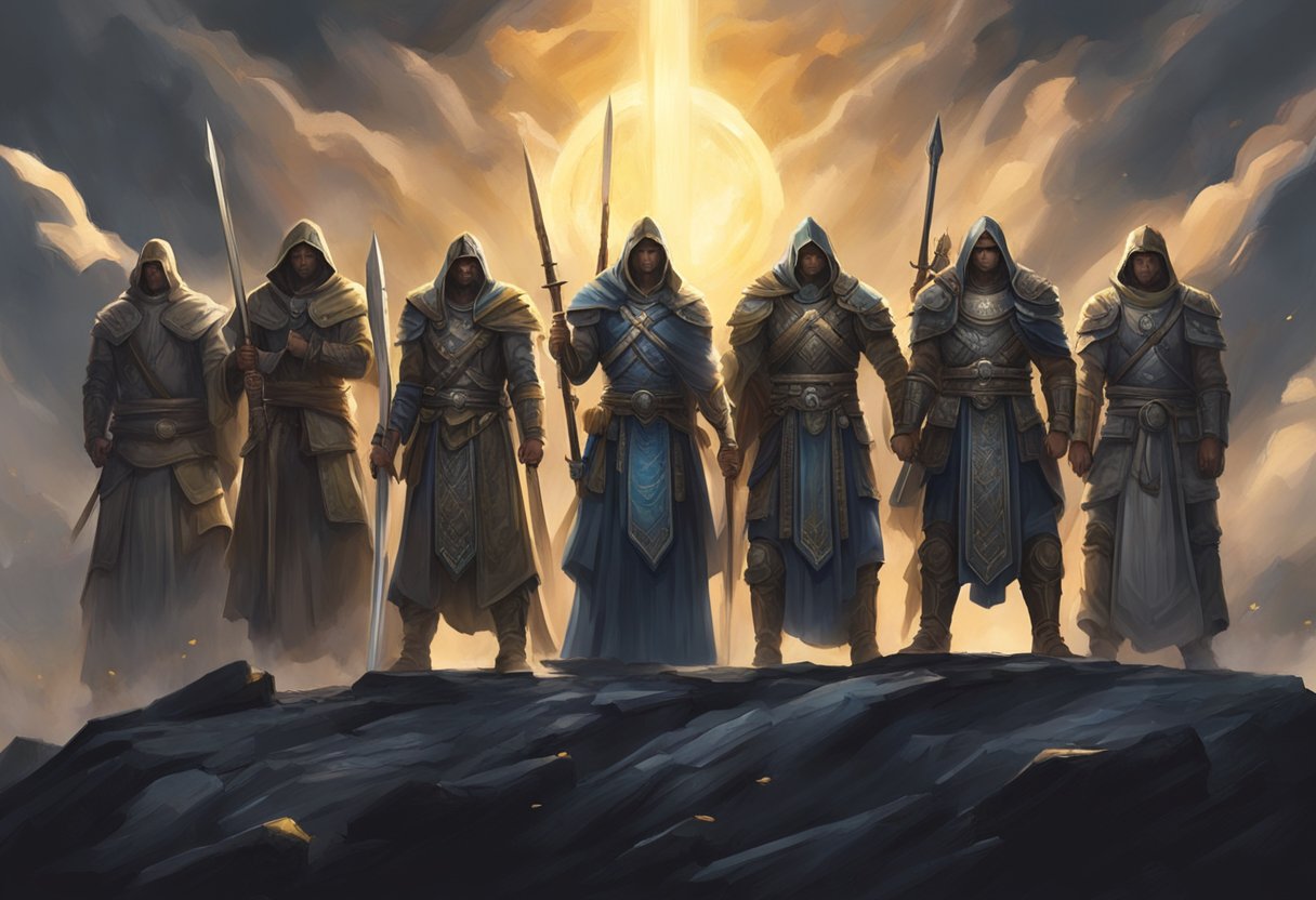 A group of powerful spiritual warriors stand united, wielding weapons of prayer, facing off against looming, dark strongholds