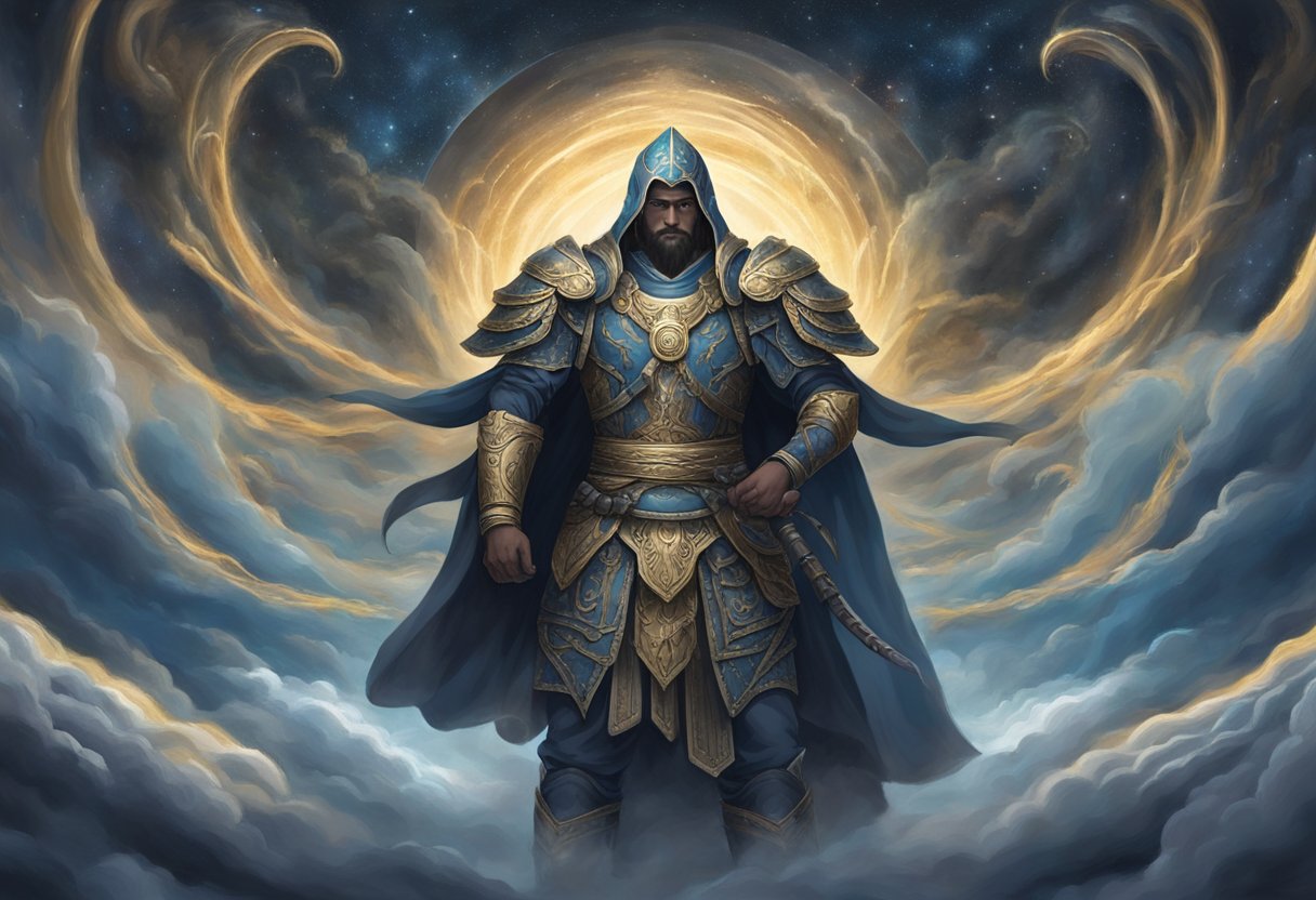 A warrior stands firm, surrounded by swirling spiritual forces. Their eyes are fixed on the heavens, hands clenched in prayer, as they resist the onslaught of dark energies