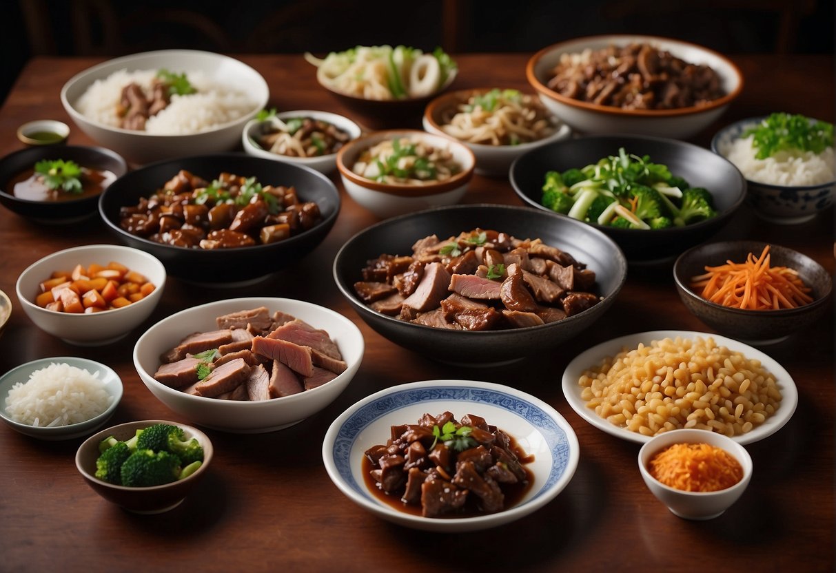 A table filled with various Chinese meat dishes, including stir-fried pork, braised beef, and roasted duck, surrounded by traditional condiments and garnishes