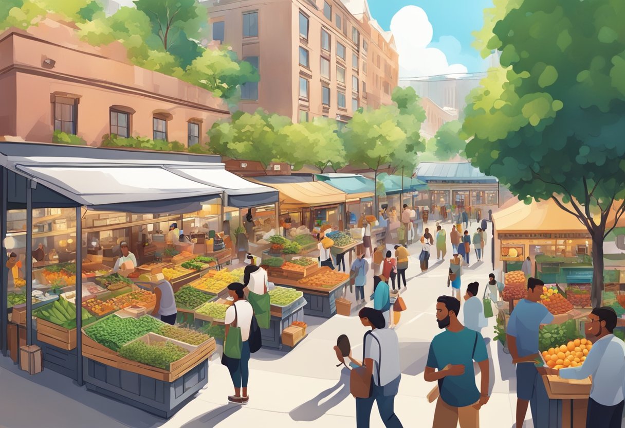 A bustling marketplace with diverse vendors and happy customers, surrounded by vibrant greenery and modern infrastructure. A sense of hope and opportunity fills the air