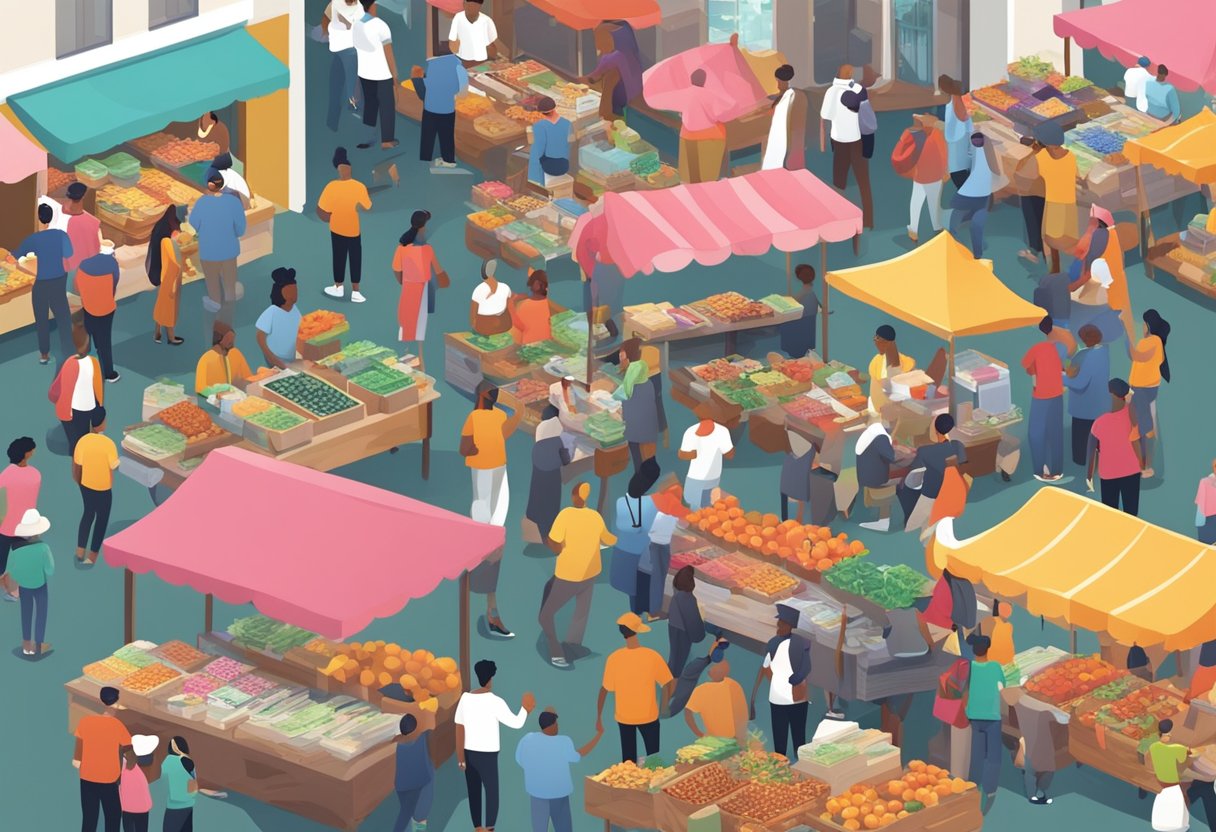 A bustling marketplace with diverse vendors and customers, showcasing economic activity and community engagement. Tables are filled with colorful goods, and people are interacting and exchanging money