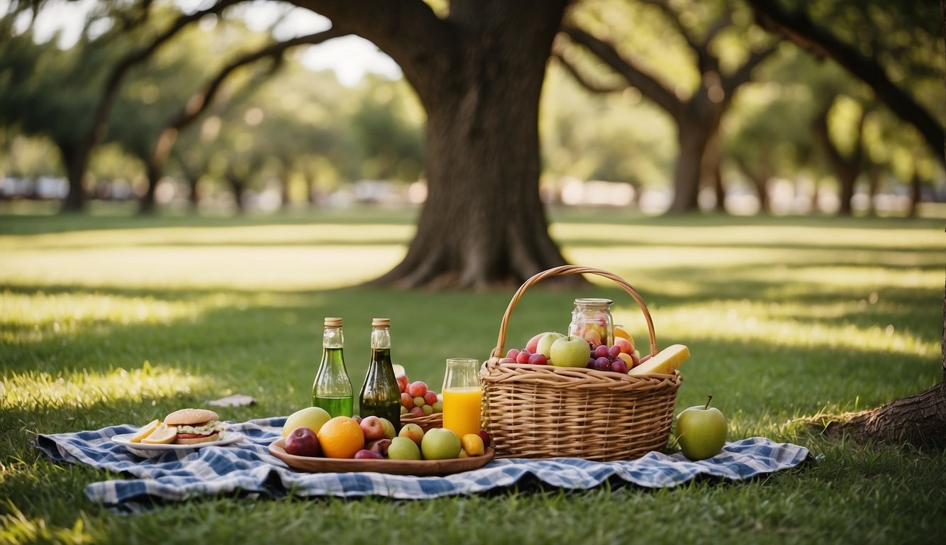Sunny day at Griggs Park, Texas. Picnic blanket under a large oak tree, surrounded by green grass. Basket, sandwiches, fruit, and drinks spread out
