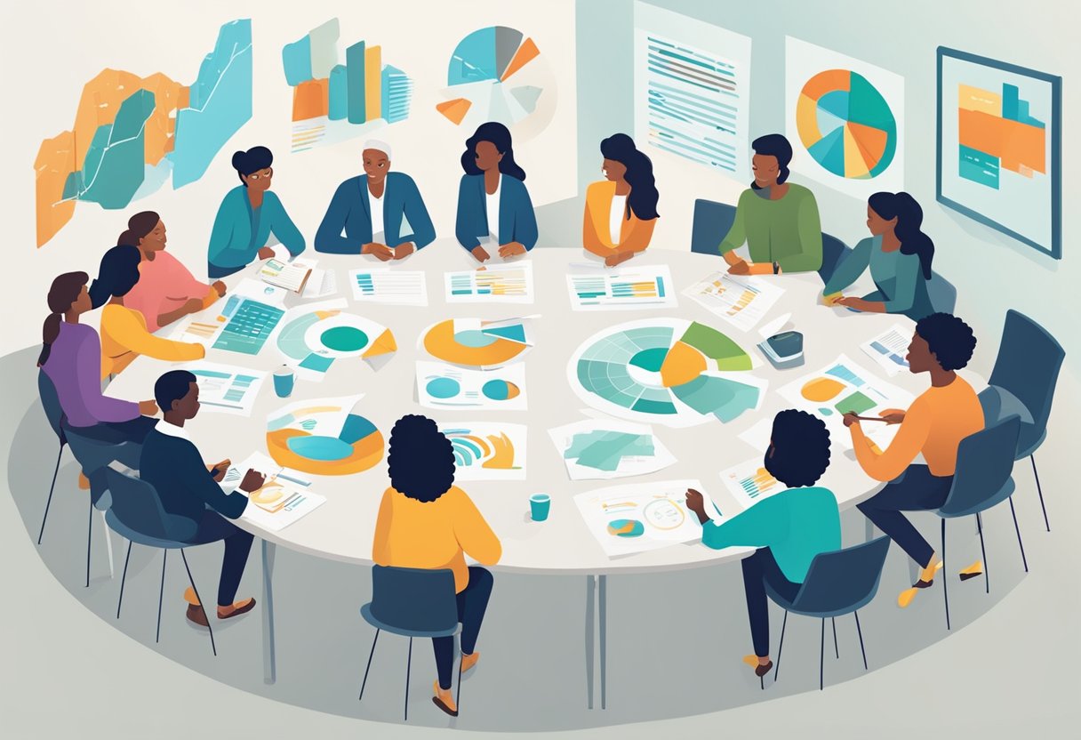 A diverse group of people gather around a table, discussing and brainstorming ideas for poverty alleviation. Charts and graphs are spread out, and everyone is engaged in the conversation
