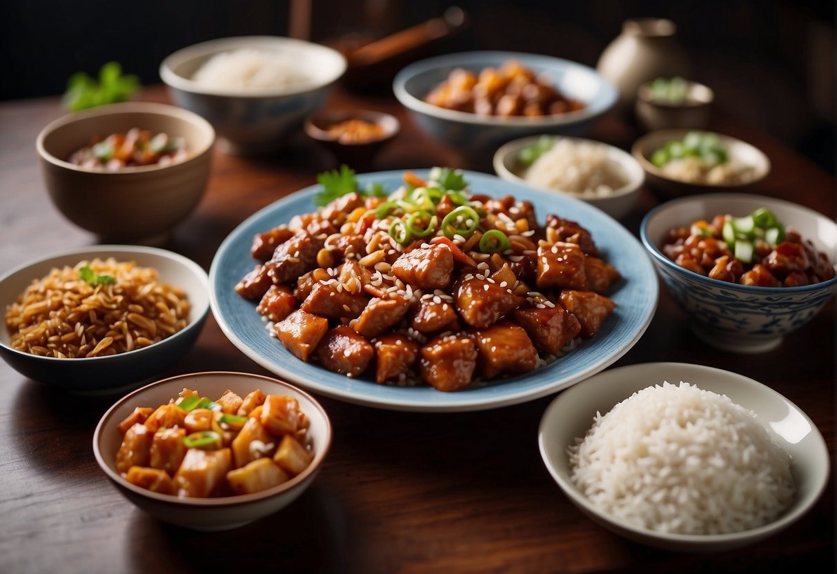A table set with various popular Chinese meat dishes, including Kung Pao chicken, Peking duck, and sweet and sour pork, surrounded by chopsticks and steaming bowls of rice