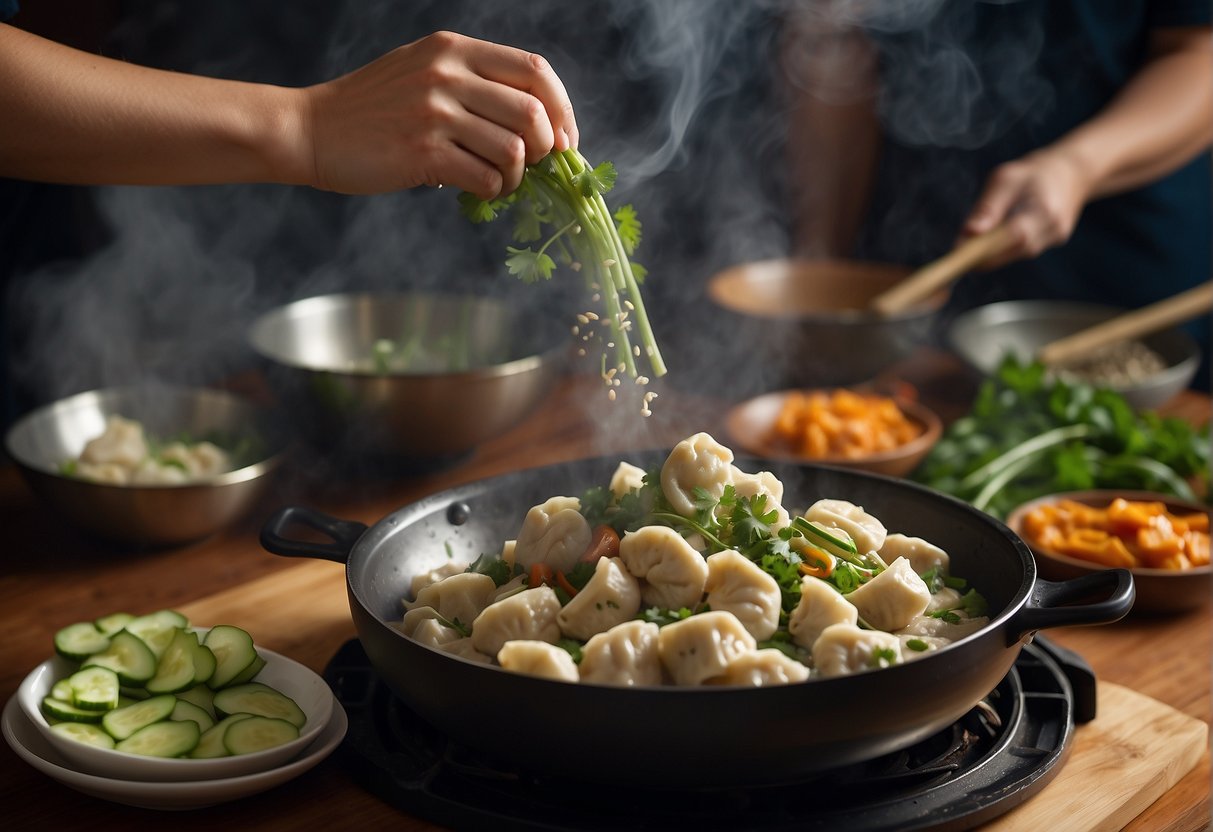 Sizzling wok, tossing marinated meat with ginger and garlic. Steam rising from bamboo steamer filled with dumplings. Chopped scallions and cilantro ready for garnish