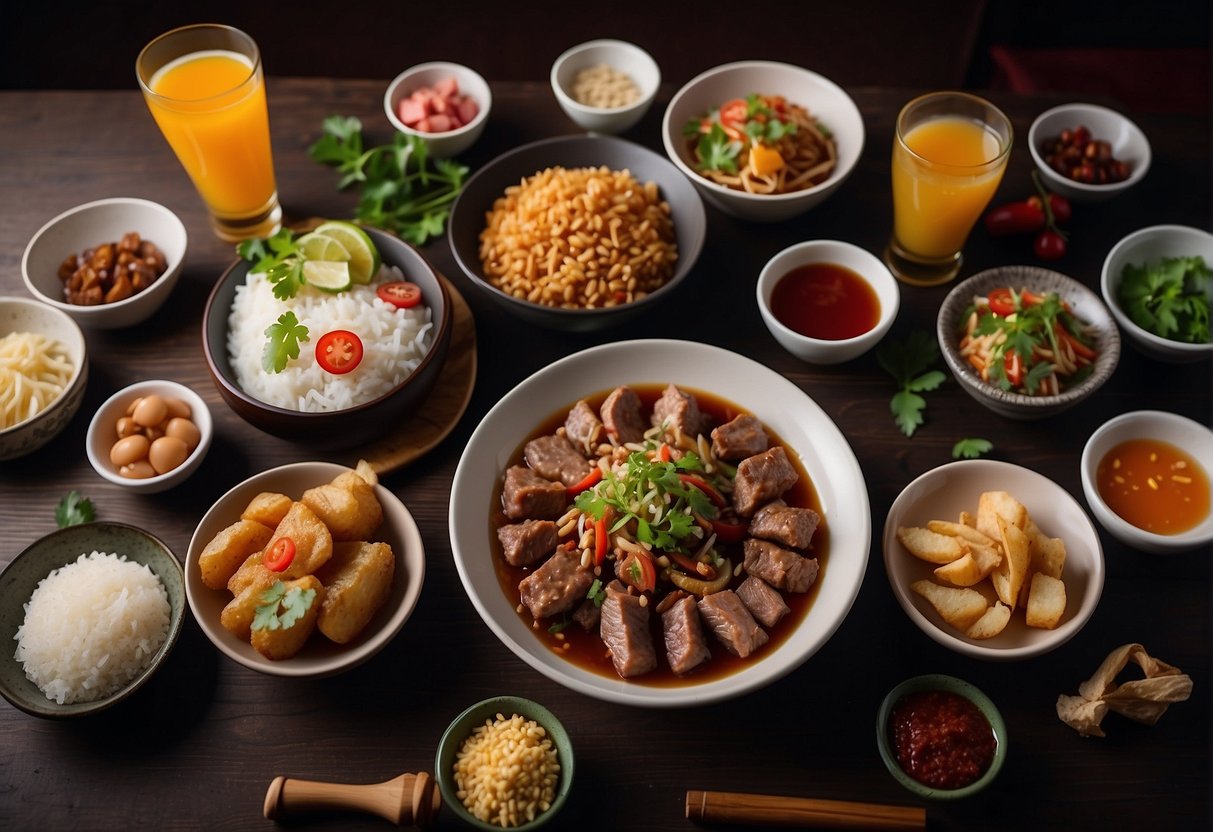 A table set with various Chinese meat dishes and accompanying condiments and drinks, ready to be served and enjoyed