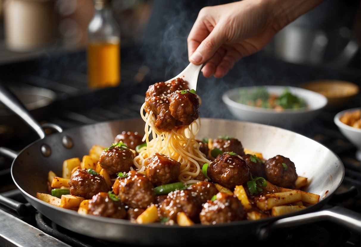 A wok sizzles with pork, ginger, and soy sauce. A chef forms meatballs, then fries them to a golden brown