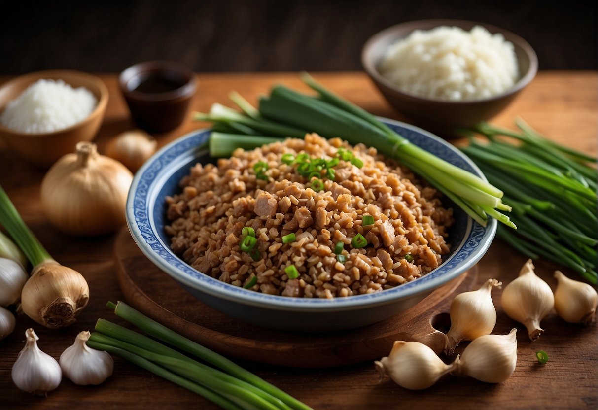 A table with ingredients: ground pork, soy sauce, ginger, garlic, green onions, and cornstarch. Possible substitutions: ground beef, tamari, shallots, and arrowroot powder