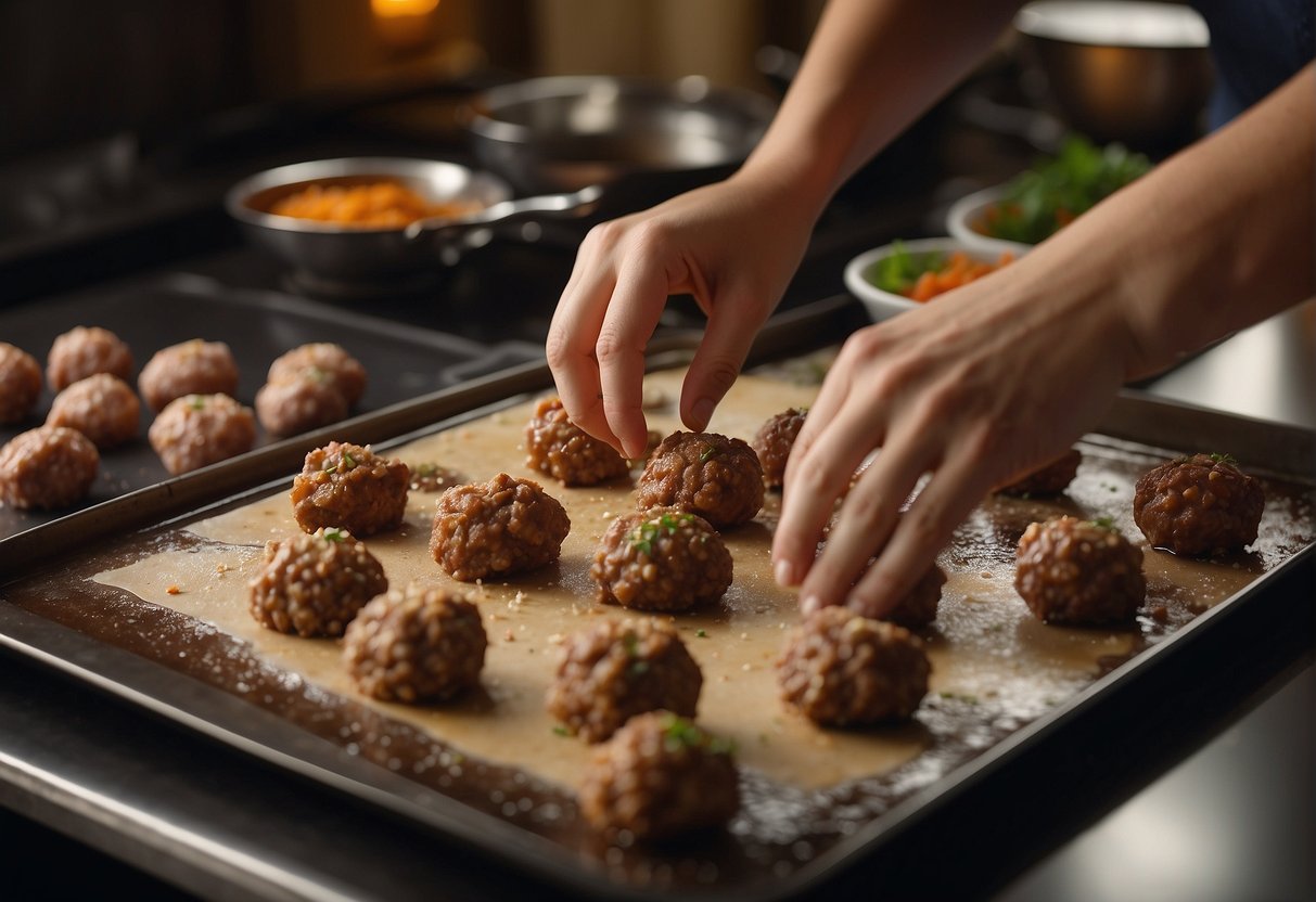 Ingredients laid out, ground pork mixed with soy sauce and spices. Hands forming meatballs, then placing on a lined baking sheet