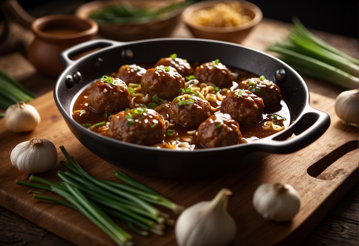 A table with ingredients: pork, ginger, garlic, soy sauce, green onions. A mixing bowl with the ingredients being combined. A skillet with meatballs cooking